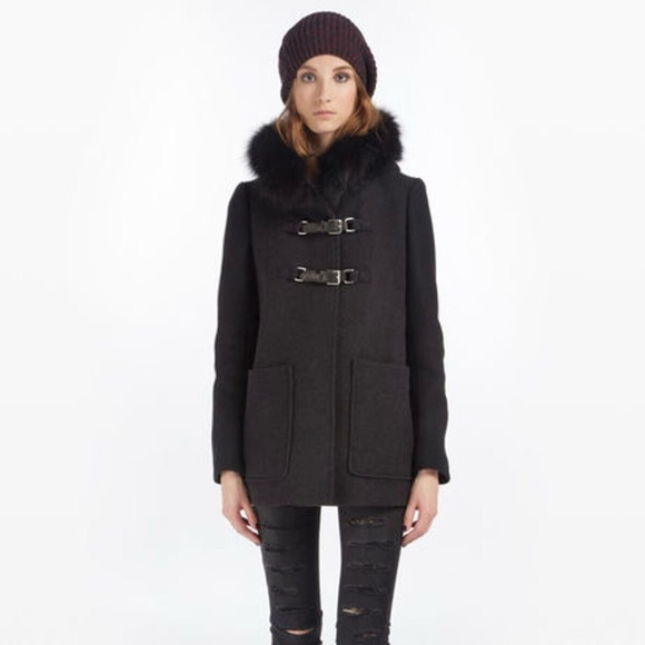 Maje 36 S Duffle Coat Wool Coyote Fur Collar Trim Jacket Black Tweed Buckle $745 - Picture 13 of 13